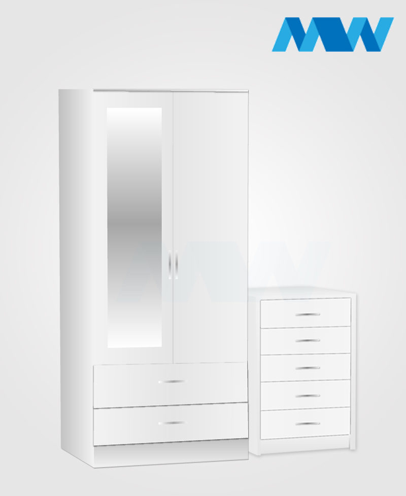 Home 2 Piece 2 Door Wardrobe With 1 Mirror and 2 Drawer white