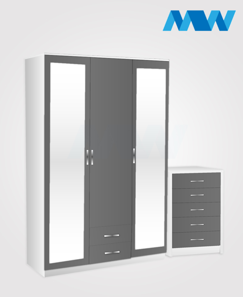 Bedroom 2 Piece 3 Door Wardrobe Set With 2 Mirrors And 2 Drawers
