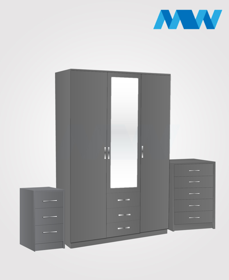 Bedroom 3 Piece 3 Door Wardrobe Set With Mirror And 3 Drawers