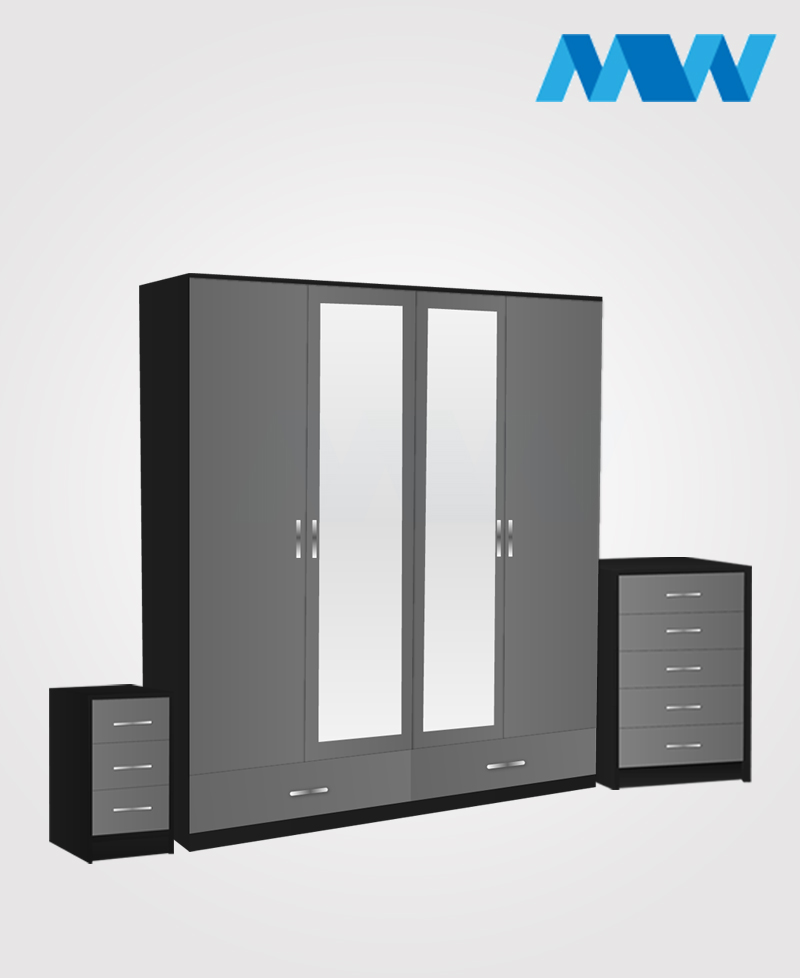 Aurora 3 Piece 4 Door Wardrobe Set With 2 Mirrors And 2 Drawers