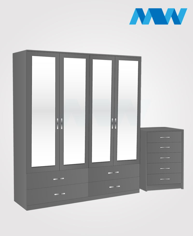 Aurora 2 Piece 4 Door Wardrobe Set With 4 Mirrors 6 Drawers Set